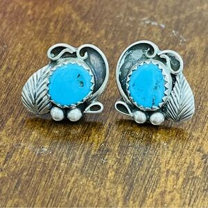 (Sold)Vtg Navajo Sterling Silver Feather Turquoise Post Earrings